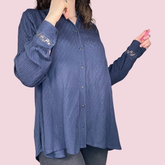 Free People Long Sleeve Button Down Crochet Blouse 100% Soft Rayon - Picture 1 of 12